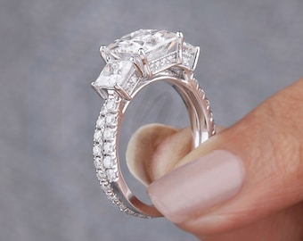 Three Stone Princess Cut Moissanite Wedding Bridal Ring Set for