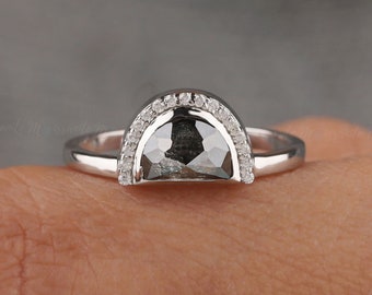 Antique Half Moon Shape Salt and pepper diamond engagement Ring, 18K White Gold accent moissanite ring, Vintage Moissanite Solitaire Ring.