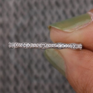 Round Moissanite Diamond Matching Band Half Eternity Lab Grown Diamond Wedding Pave Set Milgrain Minimalist Stacking Solid Gold Band For Her