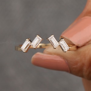 Öffnen Baguette Moissanit Hochzeit Band, 14K Gelbgold Anpassen Open Gap passenden Bands, antike Stapeln Jubiläum versprechen Braut Band.