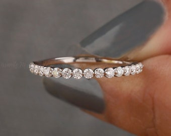1.80 MM Round Cut Colorless Moissanite Wedding Band, Half Eternity, Minimalist Bubble Prong Ring, Bridal Ring Set