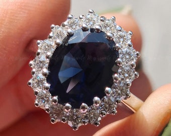 Oval Lab Created Sapphire 14k Solid Gold Engagement Rings For Women Blue Gemstone Ring Princess Diana Ring September Birthstone Promise Ring