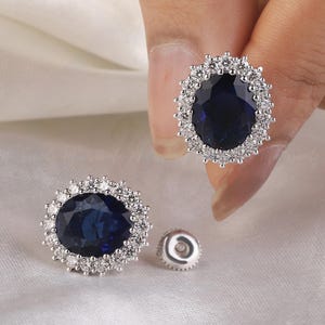Lab Created Royal Blue sapphire studs Princess Diana earrings Moissanite Halo blue earrings, bridal earrings Diana sapphire cluster earrings