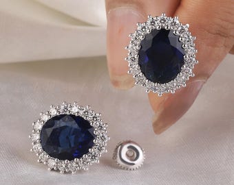 Lab Created Royal Blue sapphire studs Princess Diana earrings Moissanite Halo blue earrings, bridal earrings Diana sapphire cluster earrings