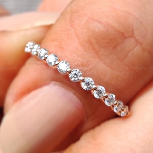 1.80MM Round Cut Colorless Moissanite Wedding Band, 14K Rose Gold Half Eternity band, Minimalist Band Bubble Prong Set Ring, Bridal Ring Set
