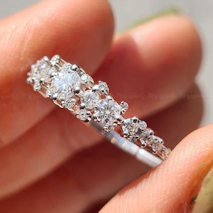 Diamond / Moissanite Cluster Ring in White Gold – Sparkling Vintage Matching Wedding Band – Elegant Half Eternity Jewelry, Round moissanite!