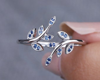 Nature Inspired Wedding Band Floral Blue Sapphire Minimalist Ring Lab created Sapphire Leaf Band Anniversary Gifts Silver/Gold/Platinum Ring