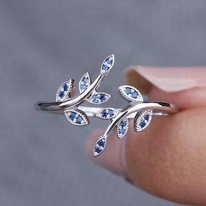 Nature Inspired Blue Sapphire Band Floral engagement ring Leaf Band Lab created Sapphire 14K Solid Gold Wedding band Her Anniversary Gift