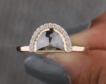 Antique Half Moon Shape Salt and pepper diamond engagement Ring, 18K Yellow Gold Halo Moissanite ring, Vintage Moissanite Solitaire Ring.