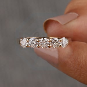 Five stone 3.5mm round cut Wedding Band Shared Prong  14k Solid Yellow Gold Band | Brilliant Moissanite Five Stone Ring impress your partner