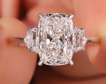 Three Stone Lab Grown Diamond Ring Elongated Cushion & Cadillac Diamond Engagement Ring Silver/Gold/Platinum Bridal Ring IGI Certified Ring