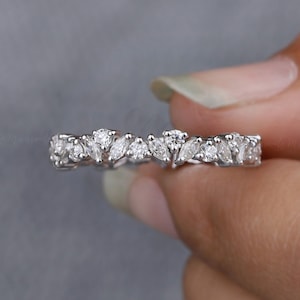Marquise & round moissanite wedding band vintage WhiteGold Full eternity band antique unique stacking band anniversary promise matching band