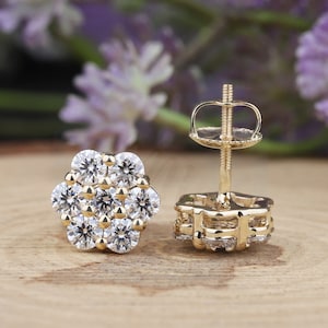 3MM Round Moissanite Diamond Earrings, Cluster Flower Studs, 14k Yellow White Rose Solid Gold, Floral Cluster Stud Earrings for Girl women!