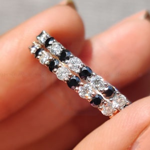 14K White Gold Women&#39;s Band Anniversary Band Colorless and Black Moissanite Wedding Bands Set of Two Bands Stacking Matching Bands for her