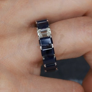 Sapphire Full Eternity Wedding Band in 14K Solid white gold Sapphire and Moissanite Emerald Cut Matching band Ring Wedding Anniversary Rings