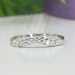 Vintage Diamond wedding band curved wedding band Round cut moissanite matching band 10K/14K White Gold Stacking Band Unique Anniversary Ring