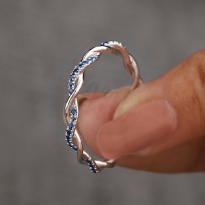 Infinity Sapphire Wedding Band Twisted Ring 14K White Gold Full Eternity Matching Stacking Delicate Dainty band Eternity Birthstone Ring