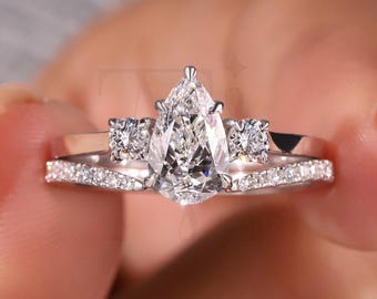 Bridal Ring Set, Pear Three Stone Diamond Engagement Ring with Enhancer Band, Wedding Lab Grown Diamond Anniversary Stacking Silver Ring Set