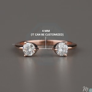 14K Rose Gold Open Cuff Moissanite dual Two Round Wedding Open Gap Band Ring / Open Round Diamond Matching Bridal Set Dainty Stacking Ring