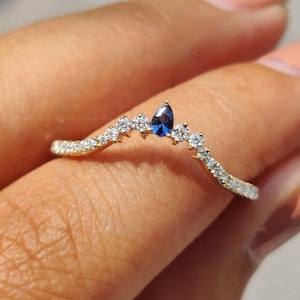 Chevron Vintage stacking ring Moissanite Diamond Curved Wedding Band 14K YellowGold Blue Sapphire Pear cut Chevron Wedding ring Bridal Gift!
