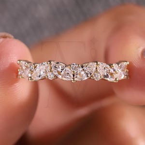 Lab Grown Diamond Stacking Wedding Band Half Eternity Band Marquise & Round Diamond Engagement Band Silver/Gold/Platinum Anniversary Ring