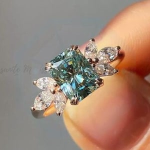 3CT Cyan Blue Radiant Cut Moissanite Engagement Ring for Women Solid 10K-14K-18K Yellow Gold Cyan Blue Radiant and Marquise Anniversary ring