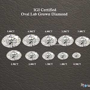 Może przedstawiać: Asortyment owalnych diamentów hodowanych w laboratorium, od 0,50CT do 5,00CT, prezentowany na ciemnoszarym tle. Obraz zawiera tekst "IGI Certified Oval Lab Grown Diamond" oraz nazwę marki "Moissanite".