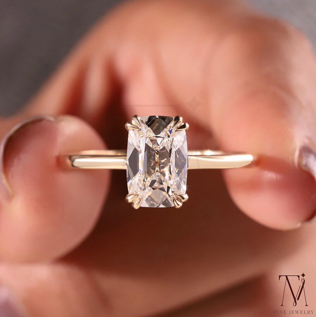 Old Mine Cushion Cut Solitaire Diamond Engagement Ring 3CT Elongated ...