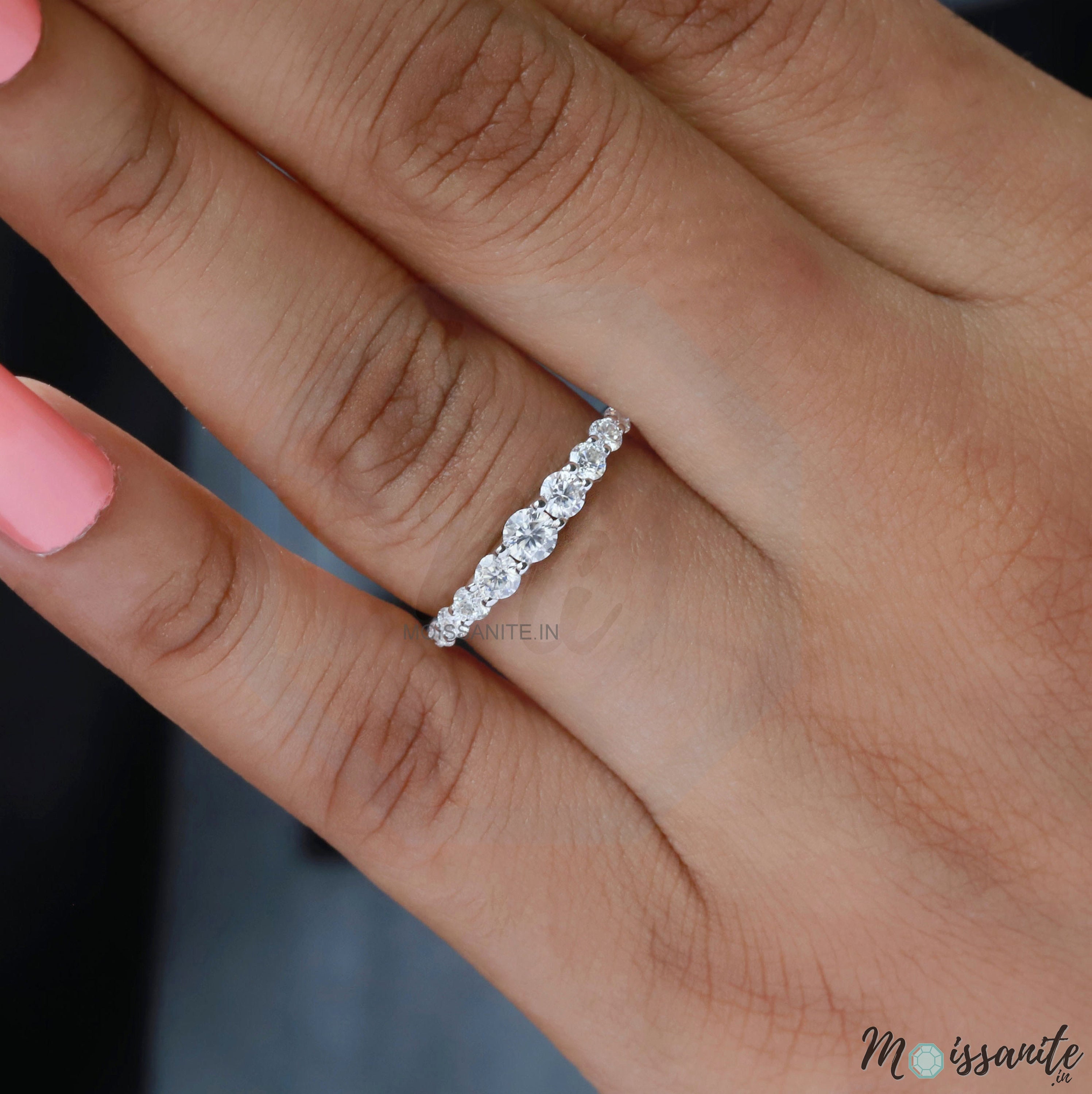 Brilliant Round Moissanite Wedding Band 9 Stone Moissanite Wedding Simple Stacking Band 10K/14K White Gold Wedding Ring Mother's Day Sale
