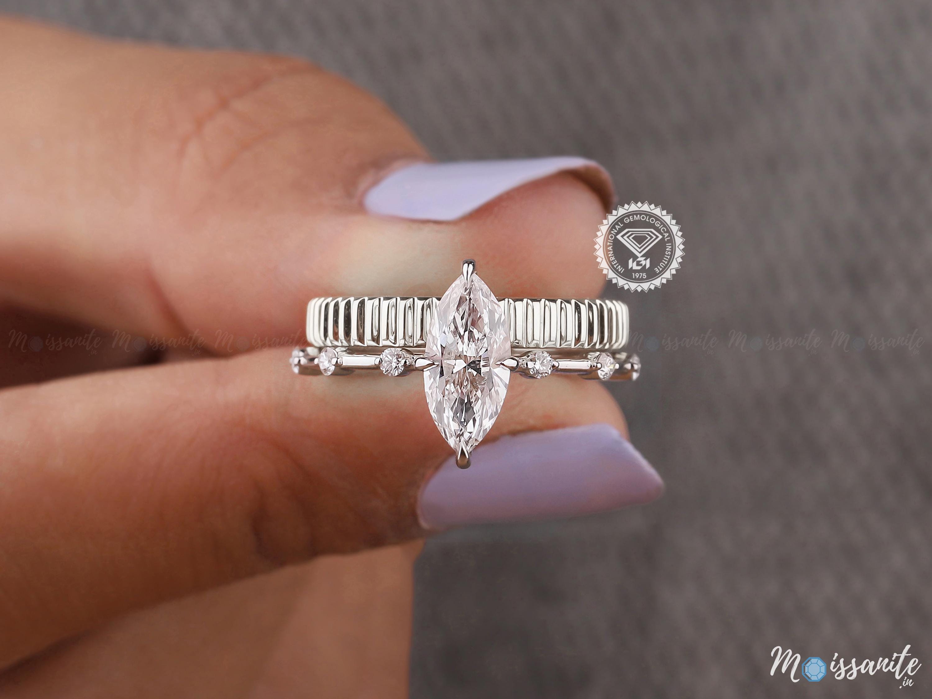 1ct IGI certified Marquise cut lab Diamond Floating Engagement ring with 3mm Plain gold Ribbed Texture Cigar Wedding Band Bridal Wedding Set