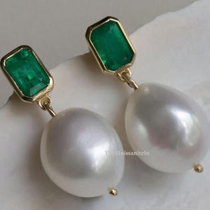 Pearl Drop Earrings Emerald, Solid 18K Gold Green Emerald Cut Bezel Set Dangle Earrings for women, Anniversary gift, Water fresh Pearl Drop