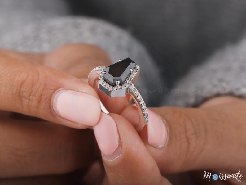 Christmas Gift Ring, Gorgeous Black Coffin Cut Moissanite Diamond Ring, Halo Engagement Ring, Solid 14K White Gold, Proposal Ring For Her, 14K White Gold BLACK coffin Diamond Ring, 3.50 CT Coffin Cut Moissanite Diamond Solitaire Ring, Black Moissanite Diamond Ring, Coffin Love, Coffin Cut Moissanite Ring Set/ Colorless Moissanite Engagement Ring/ Halo Moissanite Bridal Ring/ Chevron Eternity Moissanite Wedding Band