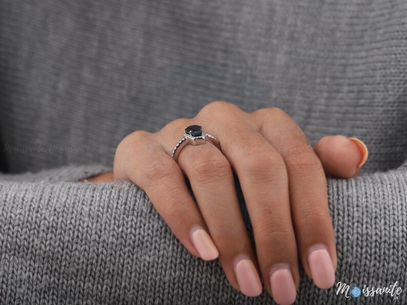 Black Coffin Cut Moissanite Diamond Ring, Halo Accents Ring, Wedding Bridal Ring, Engagement Ring, Valentine Proposal Ring, Gemstone Ring, Goth Engagement Ring - 3ct Coffin Shaped Black Moissanite Wedding Ring - Coffin Ring - Black Halo Ring with Pave Set - Oxidized Jewelry, Coffin Cut Black Diamond Ring 14K White Gold Black Moissanite Ring Solitaire Ring Coffin Ring For Women Platinum Ring, Solid Handmade Fine Diamonds Black Diamond Jewelry, Custom Jewelry, Real Pure Solid Gold Jewelry, Gifts