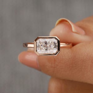 1.50CT Radiant Cut Moissanite Ring 14K RoseGold Bezel Set Solitaire Low Profile Handmade Engagement Ring Delicate Bezel Set Anniversary Gift
