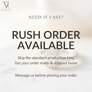 May include: A diamond engagement ring with a halo setting is featured in this image. The text reads "RUSH ORDER AVAILABLE" with additional text explaining faster order processing. The logo for "FINE JEWELRY" is in the upper left corner.