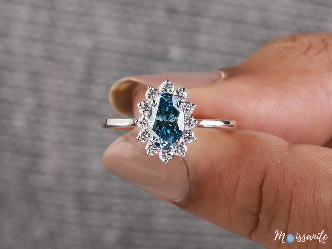 Lab Grown Blue Oval Diamond Halo Proposal Ring, Princess Diana Style ...