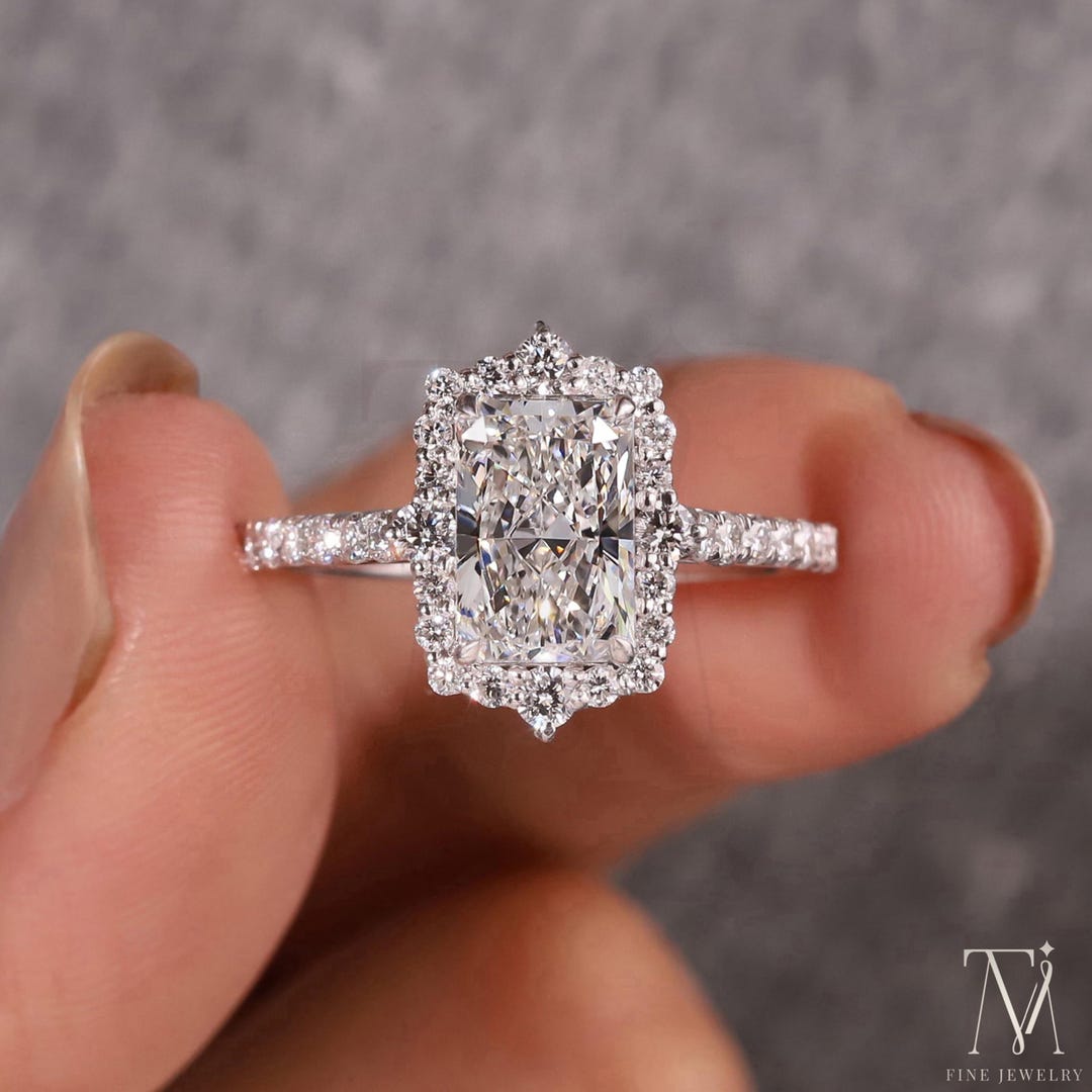 Radiant Cut Halo Diamond Engagement Ring Solid White Gold Scalloped ...