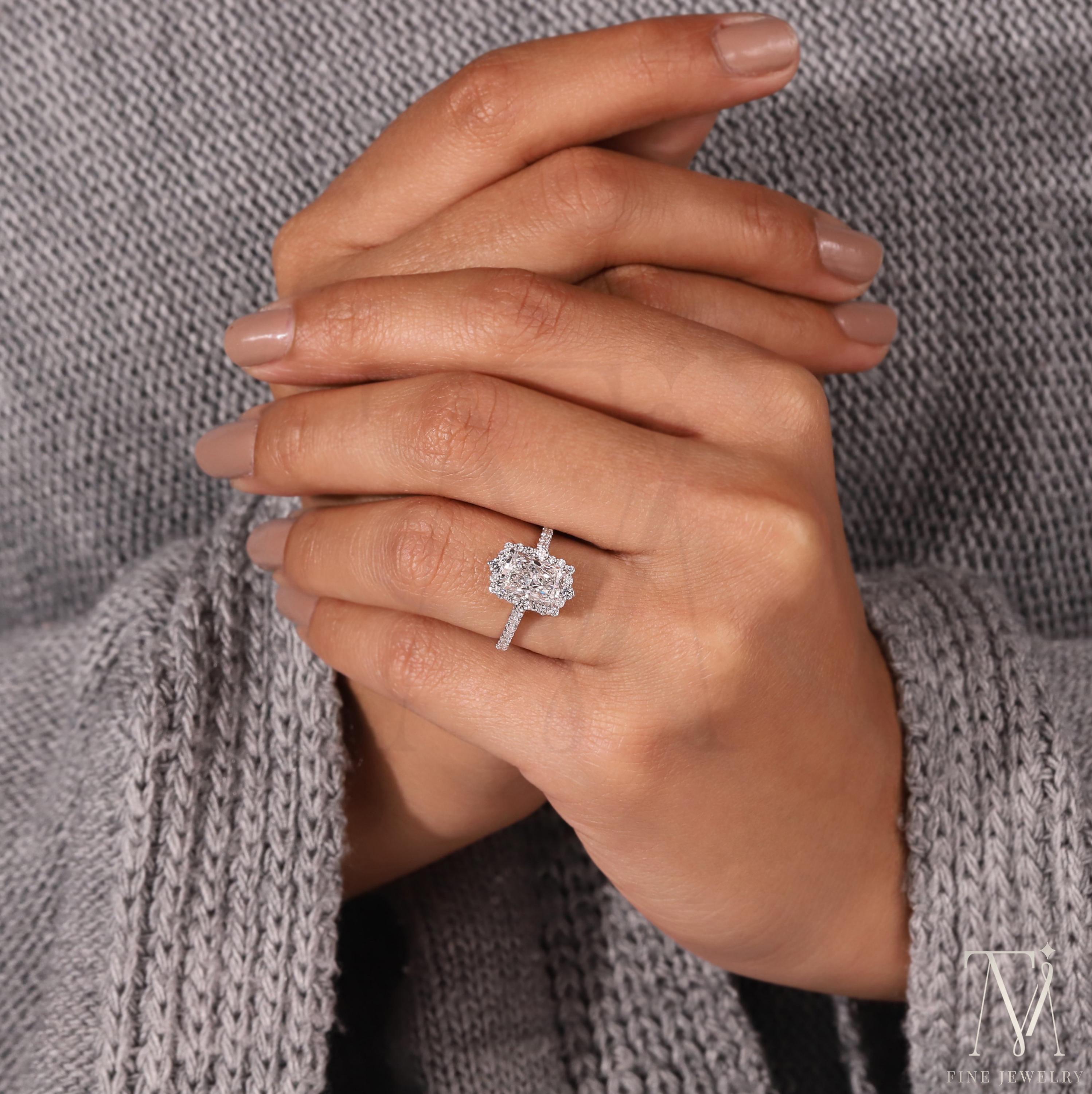Radiant Cut Halo Diamond Engagement Ring Solid White Gold Scalloped ...