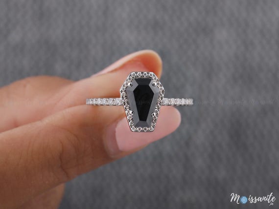 2.00CT Coffin Cut Black Moissanite Halo Ring, Custom Coffin Antique Wedding Ring, Black Coffin Diamond Vintage Gothic Ring,950 Platinum Ring