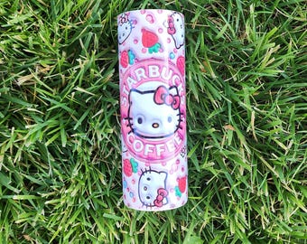 Cartoon Kitty HK 20 oz Custom Tumbler Stainless 3D Puff with Strawberries and Coffee Theme