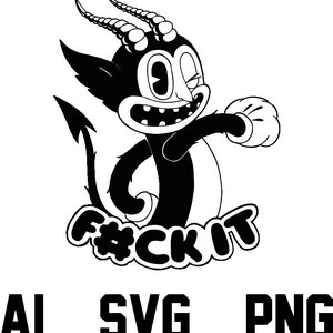 Puede incluir: Ilustración de dibujos animados en blanco y negro de una criatura con cuernos y una expresión traviesa. La criatura lleva un guante blanco y extiende el brazo. El texto "F#CK IT" está escrito en blanco negrita debajo de la criatura.