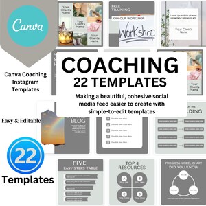 Puede incluir: Un collage de 22 plantillas de Instagram grises y blancas para entrenadores. Las plantillas incluyen texto como "Coaching", "22 plantillas", "Hacer un feed de redes sociales hermoso y cohesivo más fácil de crear con plantillas fáciles de editar", "Blog", "Tabla de cinco pasos fáciles", "Los 4 recursos principales", "Gráfico de rueda de progreso ¿Sabías que?" y "Capacitación gratuita".