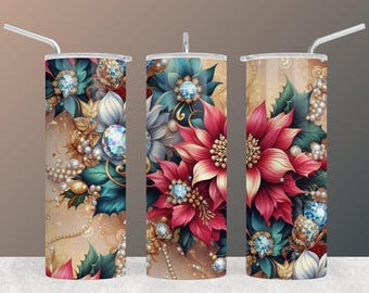 Emballage de verre à motif floral poinsettia pour sublimation - Décoration des Fêtes, téléchargement immédiat, 20 oz