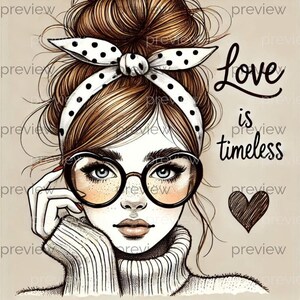 L'amore è senza tempo - Illustrazione di una giovane donna accogliente con occhiali e fiocco - Clipart per download immediato e design a sublimazione