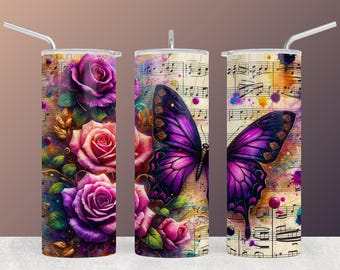 Papier d'emballage floral papillon - Roses et musique (téléchargement numérique)