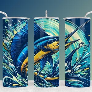 Puede incluir: Tres vasos de acero inoxidable con un diseño de pez marlin azul y amarillo. El pez está saltando fuera del agua con olas y salpicaduras a su alrededor.