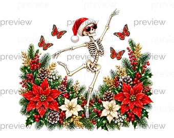 Un squelette fantaisiste coiffé d'un bonnet de Père Noël danse au milieu de décorations festives et de papillons - Une célébration des fêtes unique