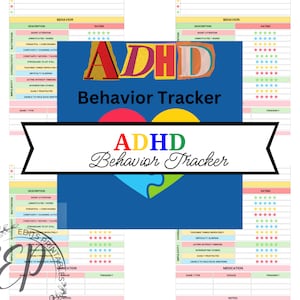 Könnte beinhalten: Ein druckbarer ADHD-Verhaltens-Tracker mit blauem Hintergrund und einem bunten Puzzle-Herz. Der Tracker enthält Abschnitte für Unaufmerksamkeit, Hyperaktivität, Impulsivität und Medikamente. Der Tracker verfügt über eine Bewertungsskala mit Sternen und eine Häufigkeitsspalte.