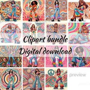 Retro Boho Girl com sinal de paz em camisa tie-dye e jeans flared - Design de clipart psicodélico vibrante