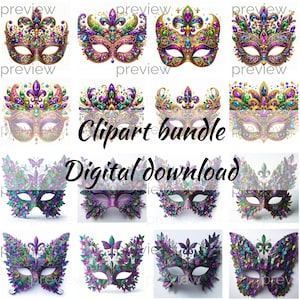 Aufwändige Aquarell Mardi Gras Maske Clipart zum sofortigen Download - lebendige Farben und elegantes Design für Sublimationsprojekte